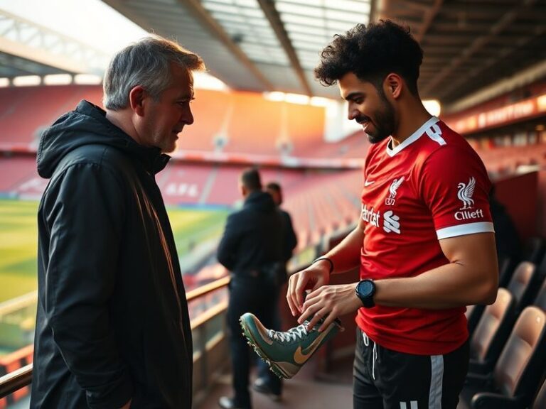 A wide-angle shot of Liverpool's Anfield stadium with a focus on the main stand, players warming up in the background, and th