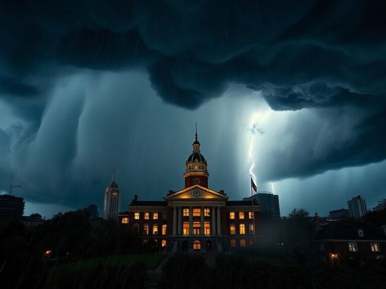 A dramatic but realistic scene of dark storm clouds looming over Ann Arbor rooftops, with emergency alert notifications glowi