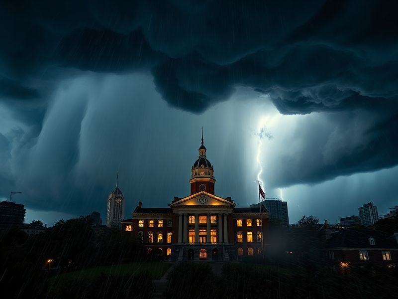 A dramatic but realistic scene of dark storm clouds looming over Ann Arbor rooftops, with emergency alert notifications glowi
