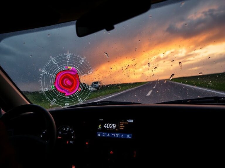 A dramatic split-image showing contrasting weather conditions: on one side, a blizzard with heavy snowfall and icy roads, and
