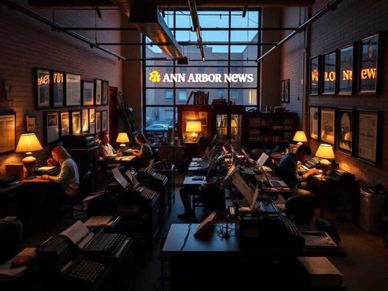 A vintage and modern collage of the Ann Arbor News front pages—showing the 1889 first edition on the left and a 2023 digital