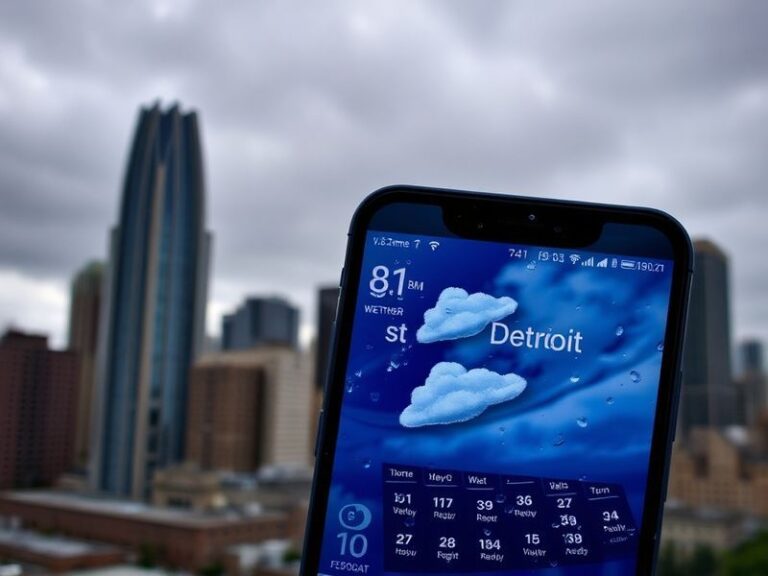 A wide-angle view of downtown Detroit under a dramatic sky with a mix of dark storm clouds and patches of blue, featuring the