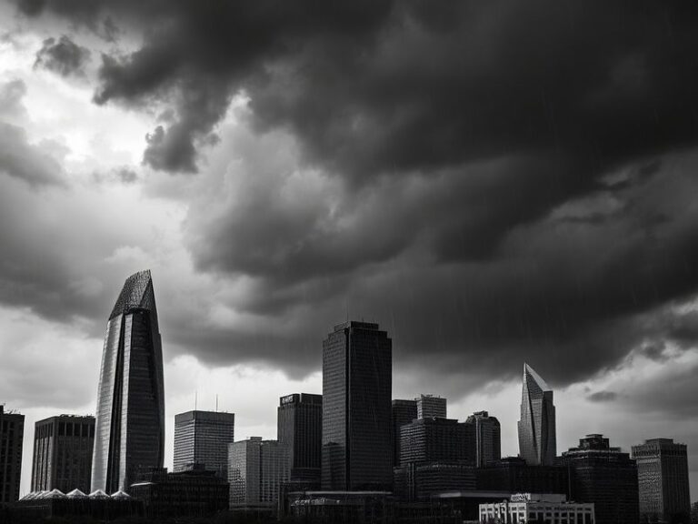 A split-screen image showing a smartphone displaying a Detroit weather app on one side (with a radar map of the city) and a s