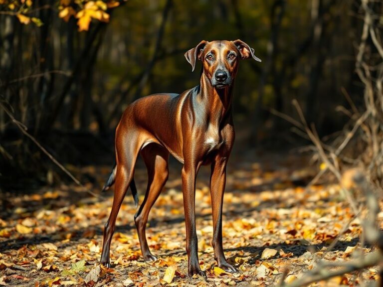 A sleek, athletic lurcher with a brindle coat running through a grassy field under a golden sunset, ears back and tail stream