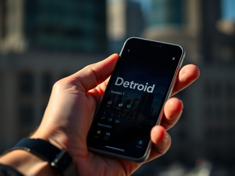 A meteorologist on a Detroit news set pointing to a high-tech weather map with radar imagery, displaying snowfall predictions