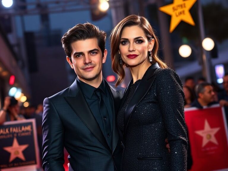 A stylish red carpet photo of Joshua Jackson and Katie Holmes walking side by side, dressed in elegant attire, with a crowd o