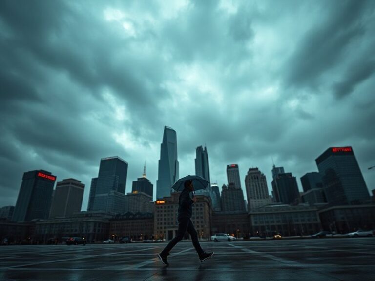 A split-screen image showing a Detroit street in winter with snow-covered cars and another in summer with people walking in b