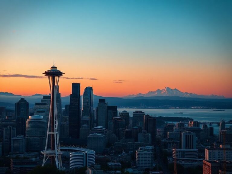 A panoramic view of Seattle’s skyline with the Space Needle, surrounded by evergreen forests and Puget Sound, under a moody o