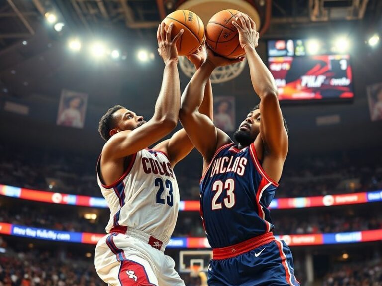 A high-energy NBA court scene at night, featuring multiple teams in action with bright stadium lights, a scoreboard showing p
