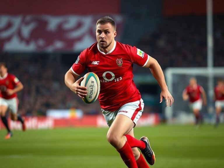 A split-screen image showing a live rugby match on a smartphone screen alongside a social media feed filled with rugby-relate