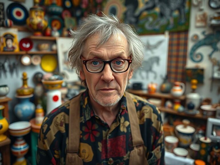 A vibrant studio scene of Grayson Perry in a flowing dress, surrounded by colorful ceramic pots and tapestries, with a warm,