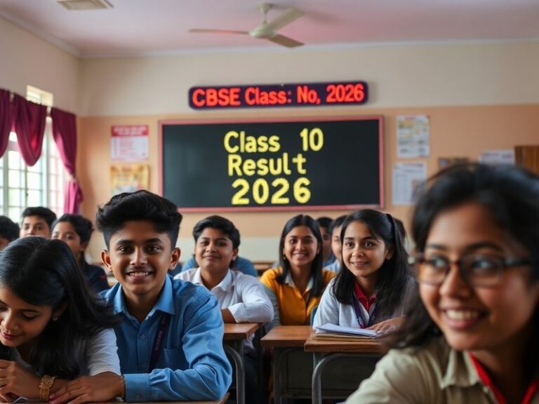 A student checking their CBSE Class 10 result on a laptop, surrounded by textbooks and a notebook, with a concerned but hopef