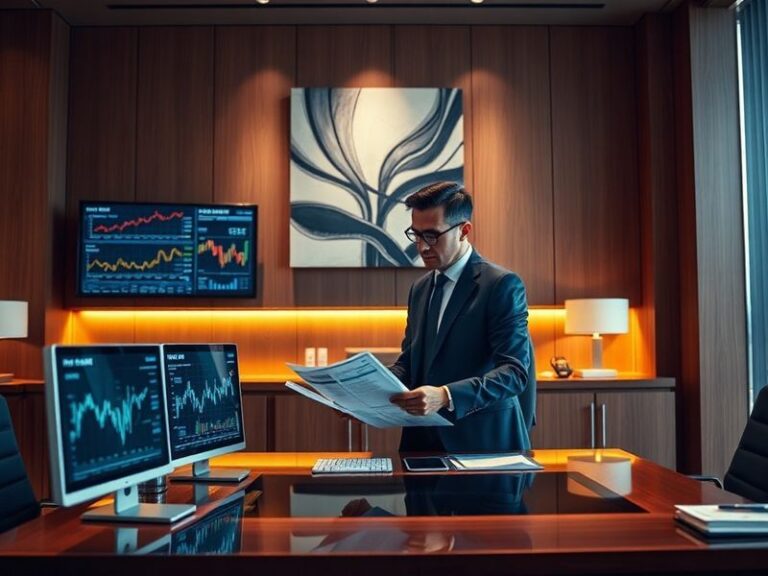 A modern office building with the T. Rowe Price logo prominently displayed, set against a cityscape at dusk. The scene includ