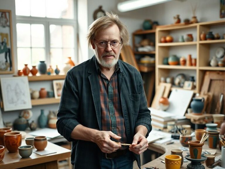 A vibrant studio scene of Grayson Perry working on a large ceramic pot adorned with colorful, intricate designs. He is dresse