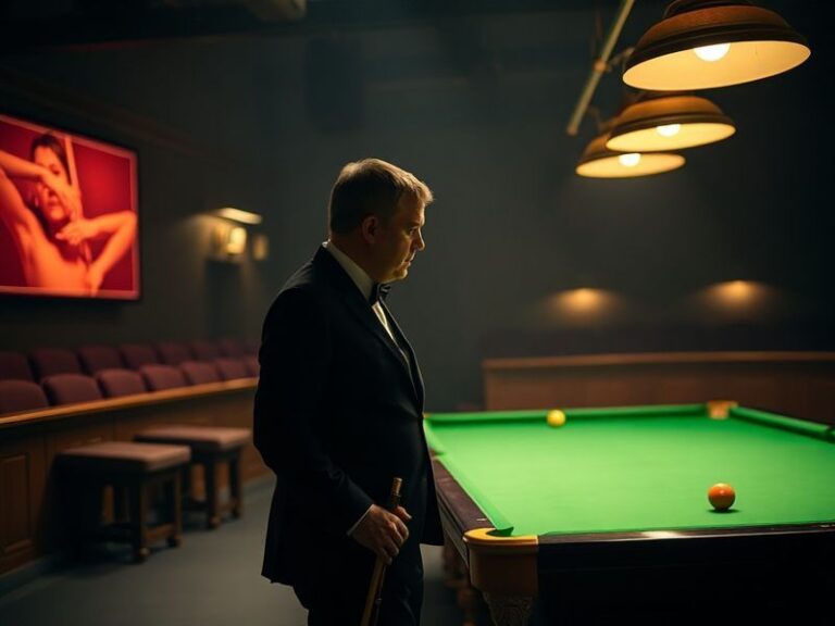 A mid-distance shot of Stuart Bingham in deep concentration during a match, wearing his classic snooker attire, with the Cruc