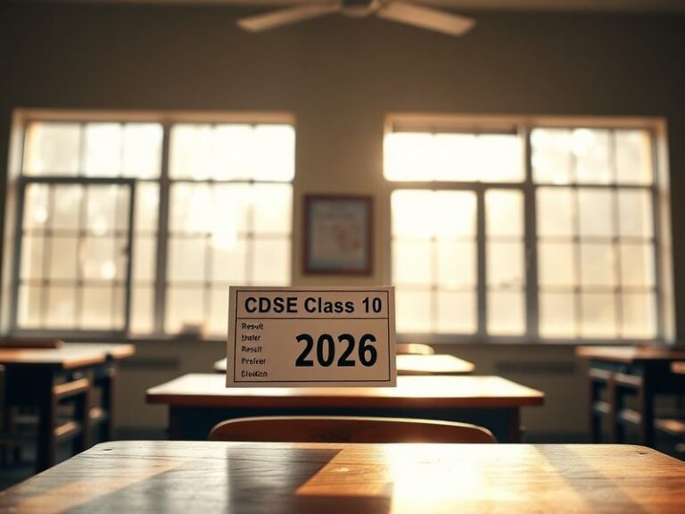 A focused student sitting at a desk with a laptop, checking the CBSE results online. The screen displays the CBSE logo and re