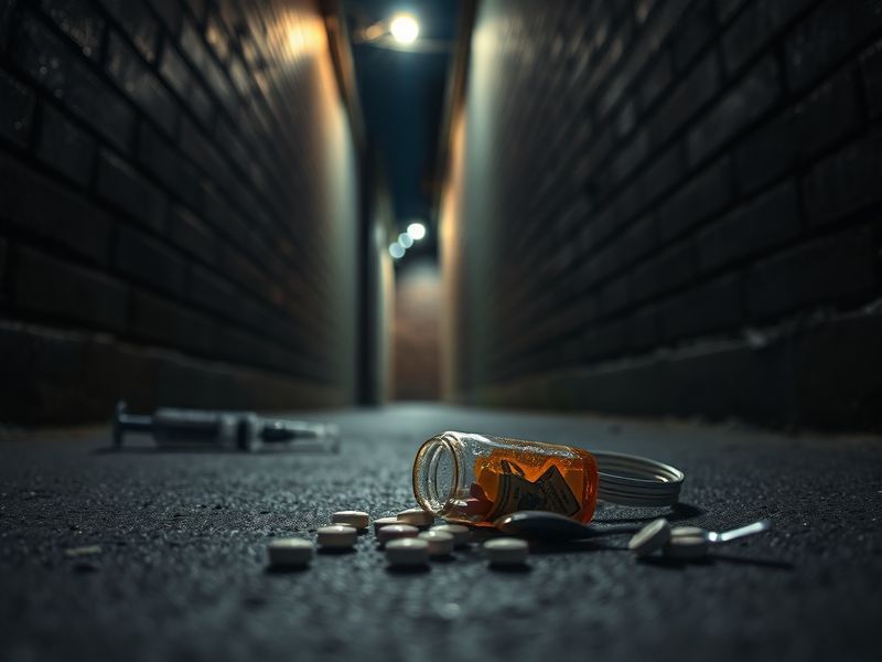 A close-up of a person administering naloxone nasal spray to another person lying on the ground, with emergency medical respo