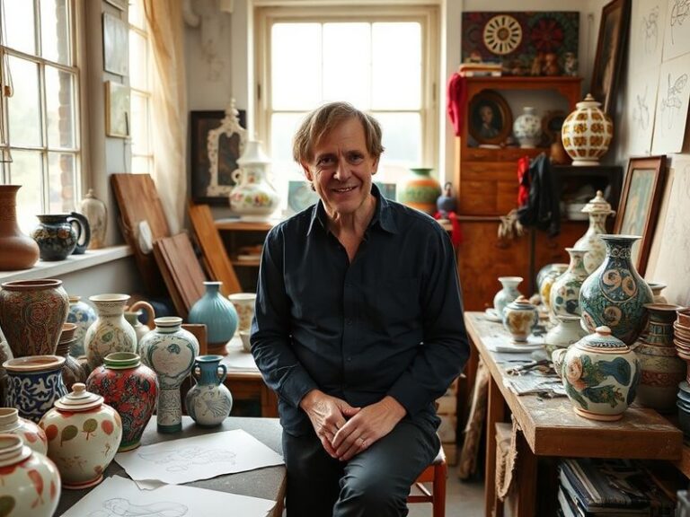 A vibrant studio scene of Grayson Perry working on a large, ornate ceramic vase adorned with narrative figures. He is dressed