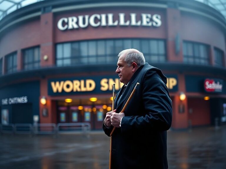 A close-up shot of Stuart Bingham at the Crucible, mid-shot with a focused expression, wearing his signature navy blue snooke