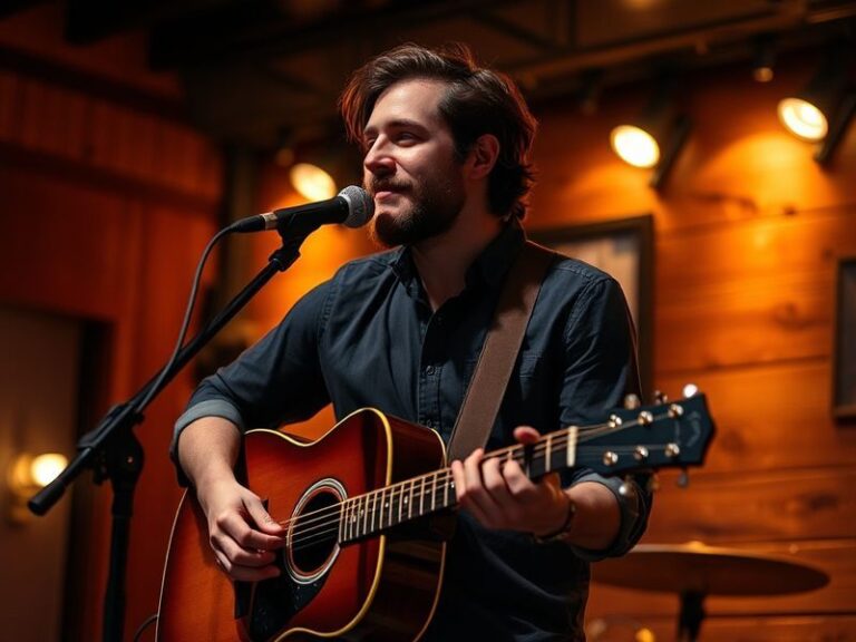 A vibrant concert scene featuring Noah Kahan performing on stage with a crowd of fans raising their hands. The lighting is wa