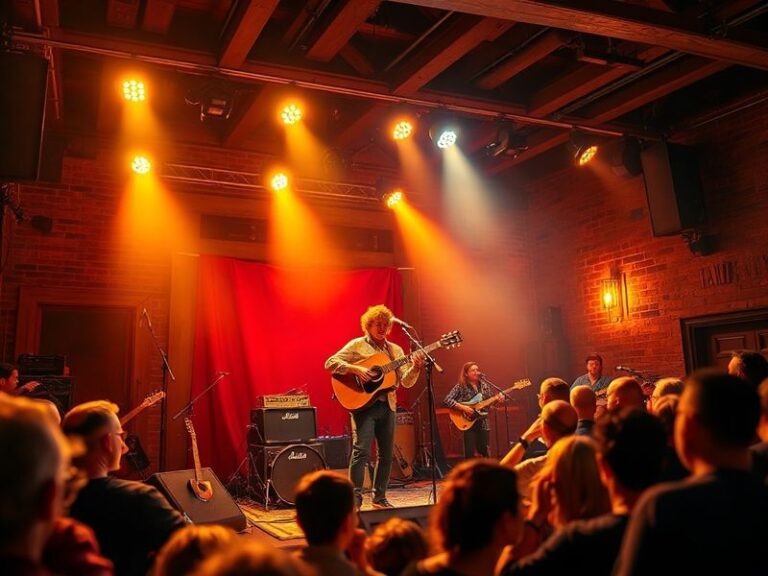 A vibrant concert photo of Noah Kahan performing on stage with warm stage lighting, an intimate crowd in the foreground, and