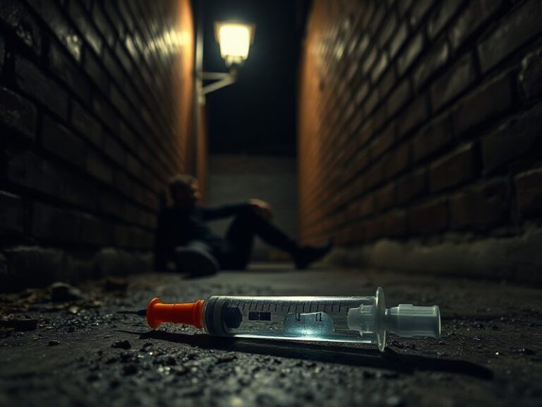 A dimly lit urban alley with a red emergency medical kit and naloxone spray on a cracked sidewalk, symbolizing overdose preve