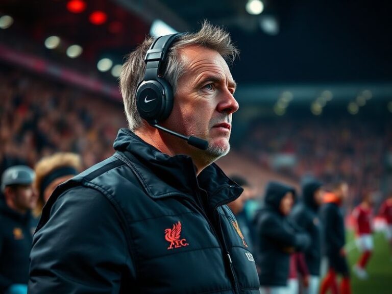 A mid-action shot of Marco Rose on the touchline at Liverpool’s Anfield stadium, wearing a red training top, with players in