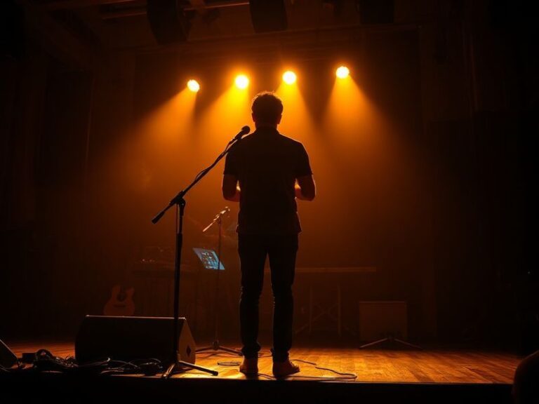 A vibrant concert scene featuring Noah Kahan performing on stage with warm stage lighting, an enthusiastic crowd in the foreg