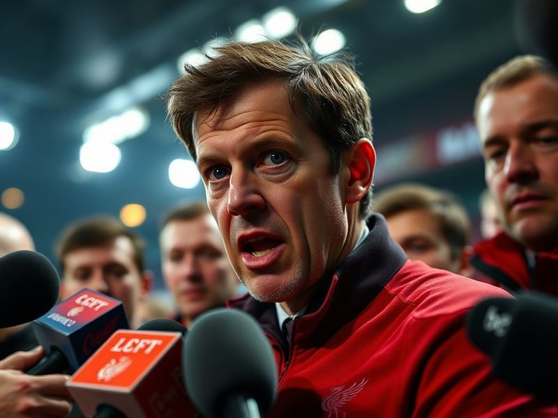 A dynamic action shot of Marco Rose on the touchline at Anfield, wearing a Liverpool tracksuit, with players in the backgroun
