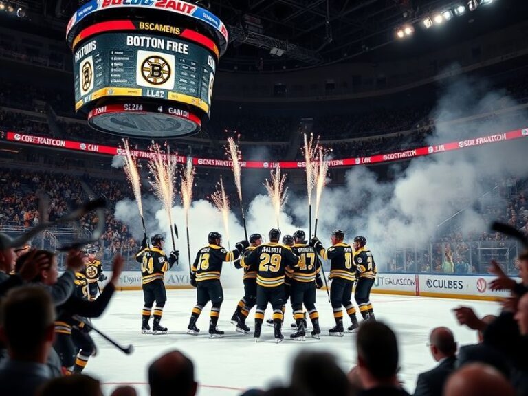 A vibrant shot of TD Garden during a Bruins playoff game, with fans in black and gold jerseys, the scoreboard displaying a hi