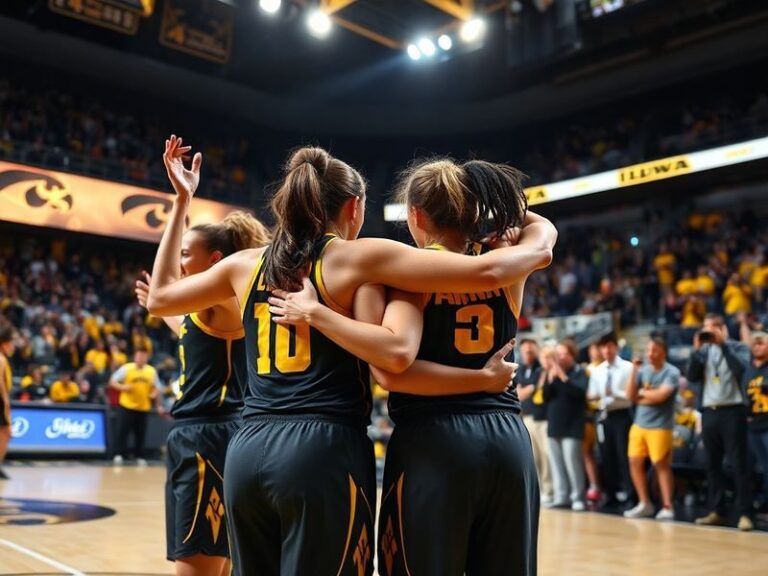 A dynamic action shot of Caitlin Clark and Raven Johnson on the court together, with Clark dribbling and Johnson running alon