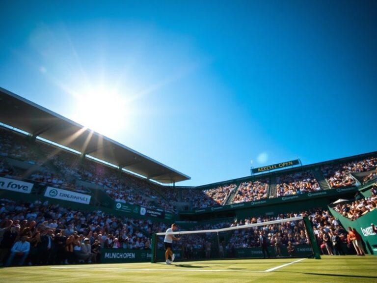 A vibrant center court shot at Munich Open 2024, featuring Alexander Zverev mid-serve with a packed stadium in the background