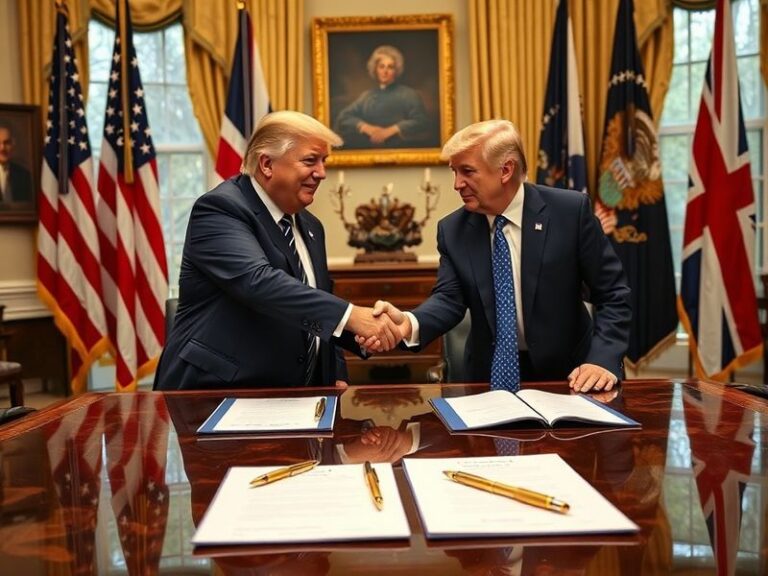 A split-image illustration: on the left, a vintage US-UK trade poster from the 1940s; on the right, a modern digital collage