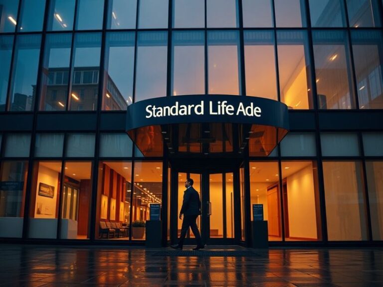 A modern office building in Edinburgh with the Standard Life Aegon UK logo visible, blending historic architecture with conte
