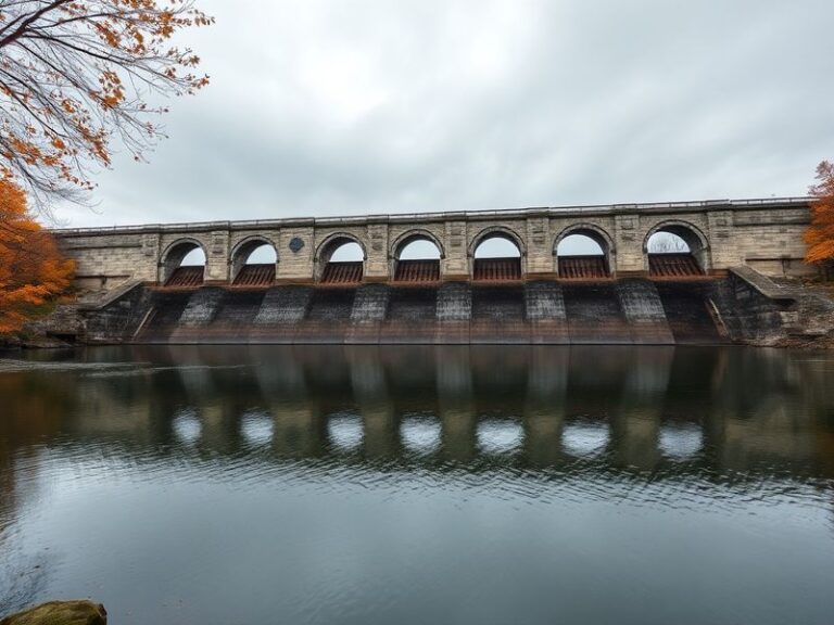 A daytime view of the Cheboygan Dam spanning the Cheboygan River, showing the concrete structure and spillway with calm water