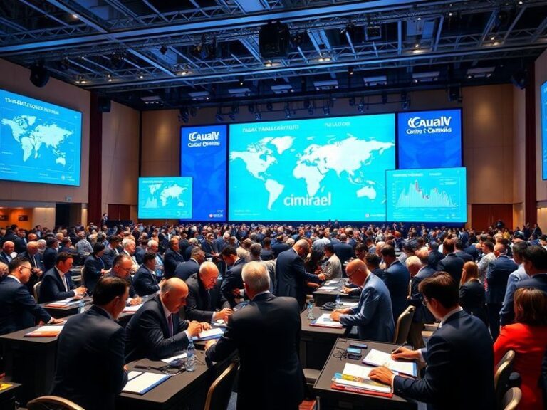 A global map with interconnected trade routes overlaid with icons representing goods, services, and digital data flows. The i