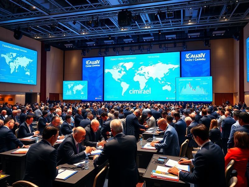 A global map with interconnected trade routes overlaid with icons representing goods, services, and digital data flows. The i