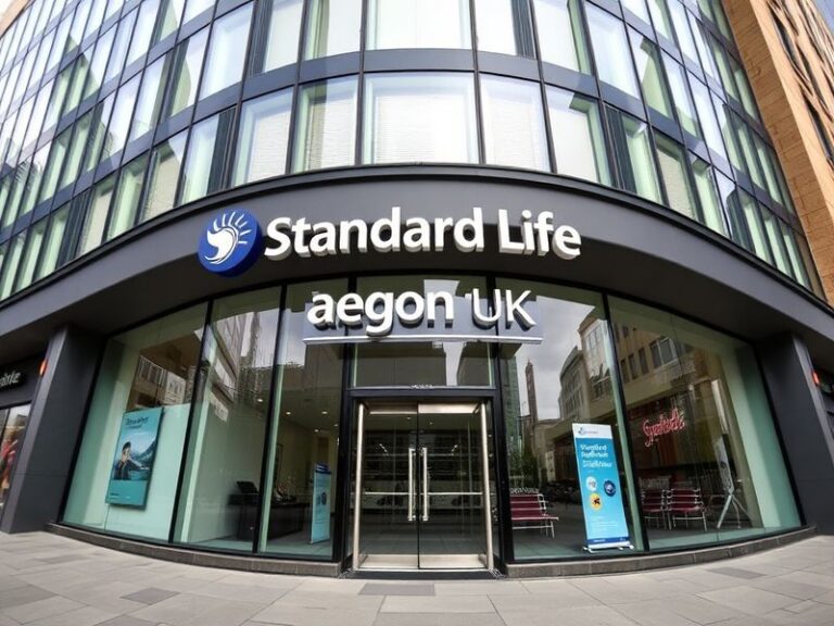 A professional office meeting between executives from Standard Life and Aegon UK, reviewing financial documents on a wooden t