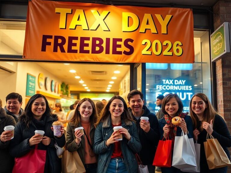 A festive scene of people lining up at a coffee shop on Tax Day, holding tax documents and smiling while receiving free drink