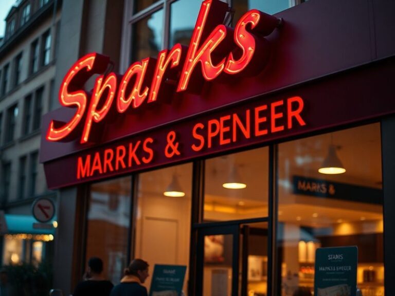 A smiling customer using the M&S Sparks app on a smartphone, with a Marks & Spencer store in the background. The scene is bri
