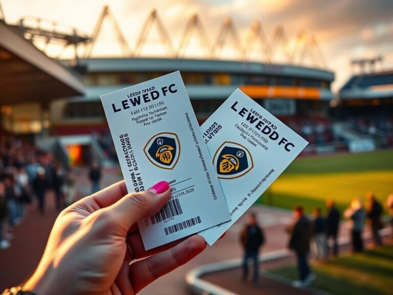 A vibrant matchday scene at Elland Road stadium, showing fans in white and blue scarves entering through turnstiles under bri