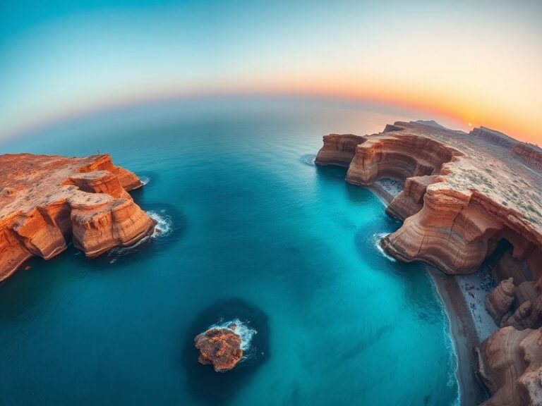 Aerial view of the Red Sea’s turquoise waters meeting arid desert coastlines, with cargo ships passing through the Suez Canal
