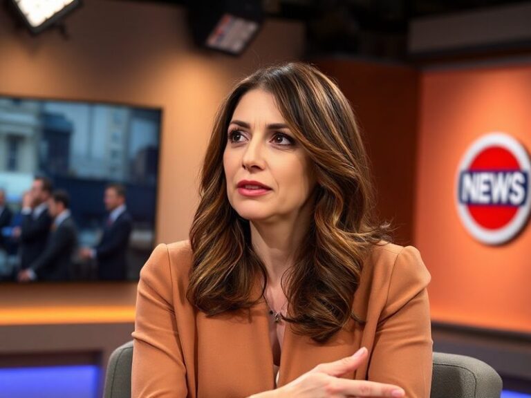 A professional portrait of Sarah Isgur in a modern media studio, wearing a blazer with a neutral expression, surrounded by le