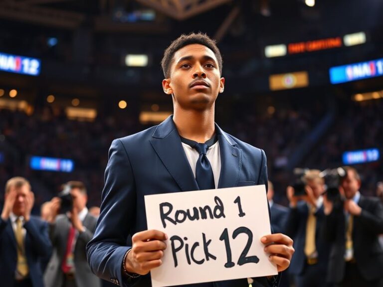 A vibrant NBA Draft stage with bright lights, a large screen displaying team logos, and a player in a suit holding a jersey.