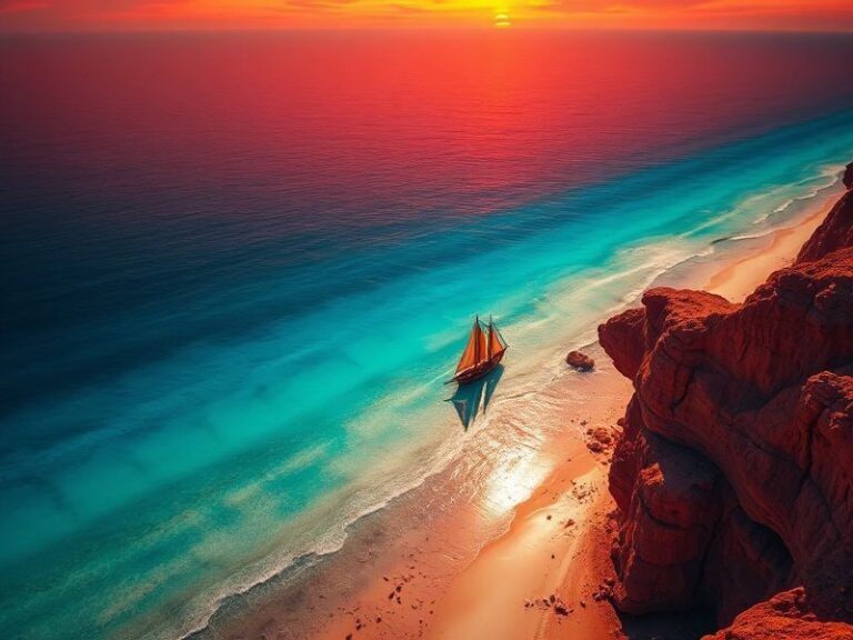Aerial view of the Red Sea coastline with coral reefs visible in clear turquoise waters, cargo ships navigating the Suez Cana