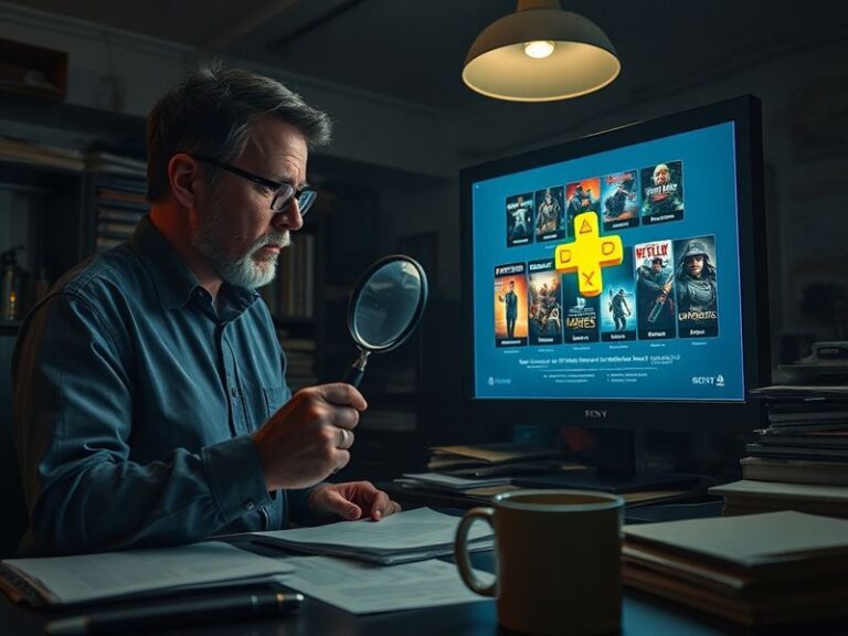 A close-up of a PlayStation 5 DualSense controller resting on a dark wooden desk, with a blurred PlayStation Plus game librar