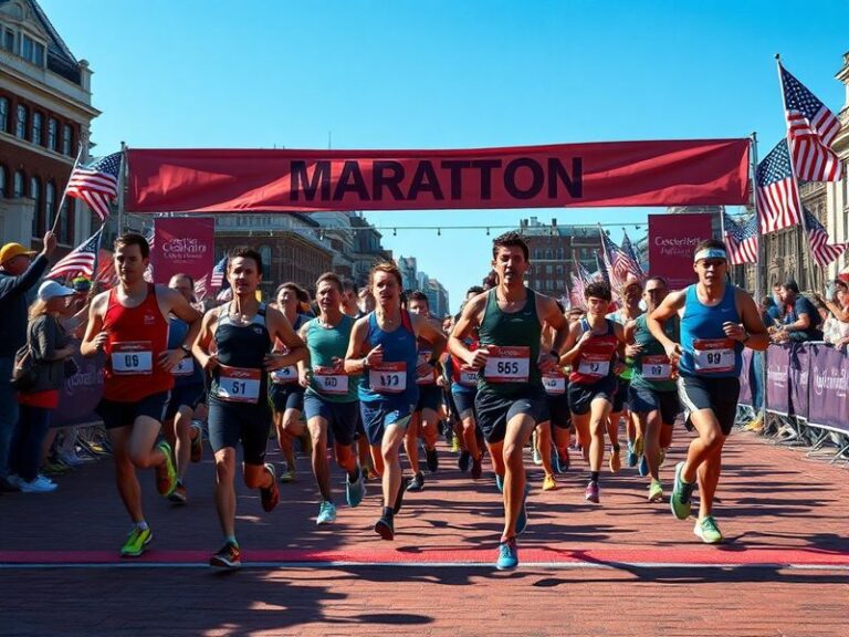 A vibrant scene of the Boston Marathon with elite runners approaching the finish line on Boylston Street, surrounded by cheer