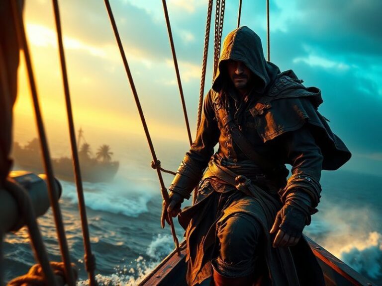 A cinematic shot of Edward Kenway standing on a ship’s deck at sunset, surrounded by Caribbean islands, with storm clouds gat