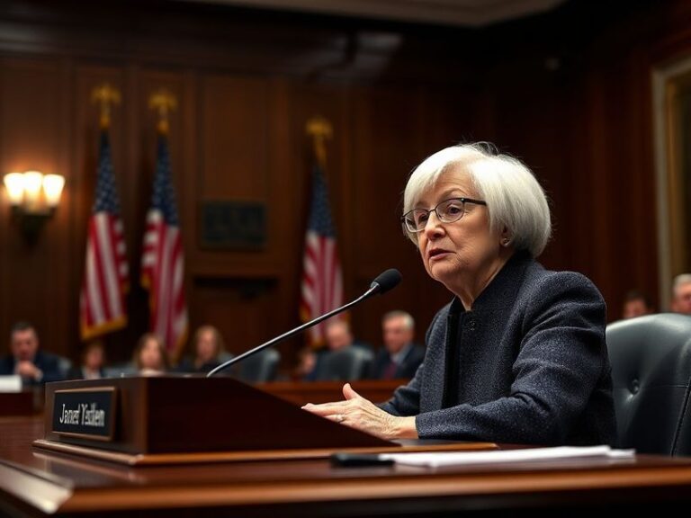 A professional portrait of the current Federal Reserve Chair seated at a desk in a formal office setting, surrounded by econo