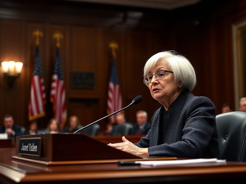A professional portrait of the current Federal Reserve Chair seated at a desk in a formal office setting, surrounded by econo